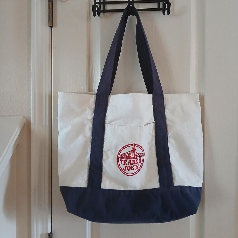 Vintage Style Trader Joes Canvas Tote Bag Navy Boat Tote Logo Reusable Grocery